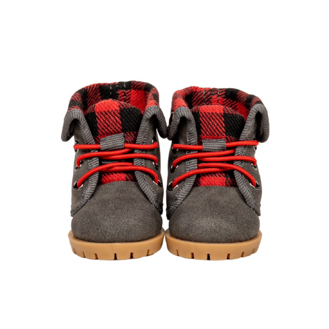 Maplelea's plaid and grey hiking shoes with red elastic laces for 18-inch dolls.