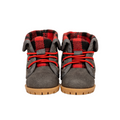 Maplelea's plaid and grey hiking shoes with red elastic laces for 18-inch dolls.