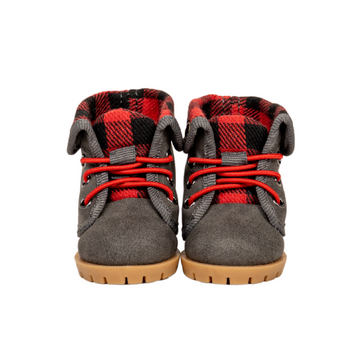 Maplelea's plaid and grey hiking shoes with red elastic laces for 18-inch dolls.