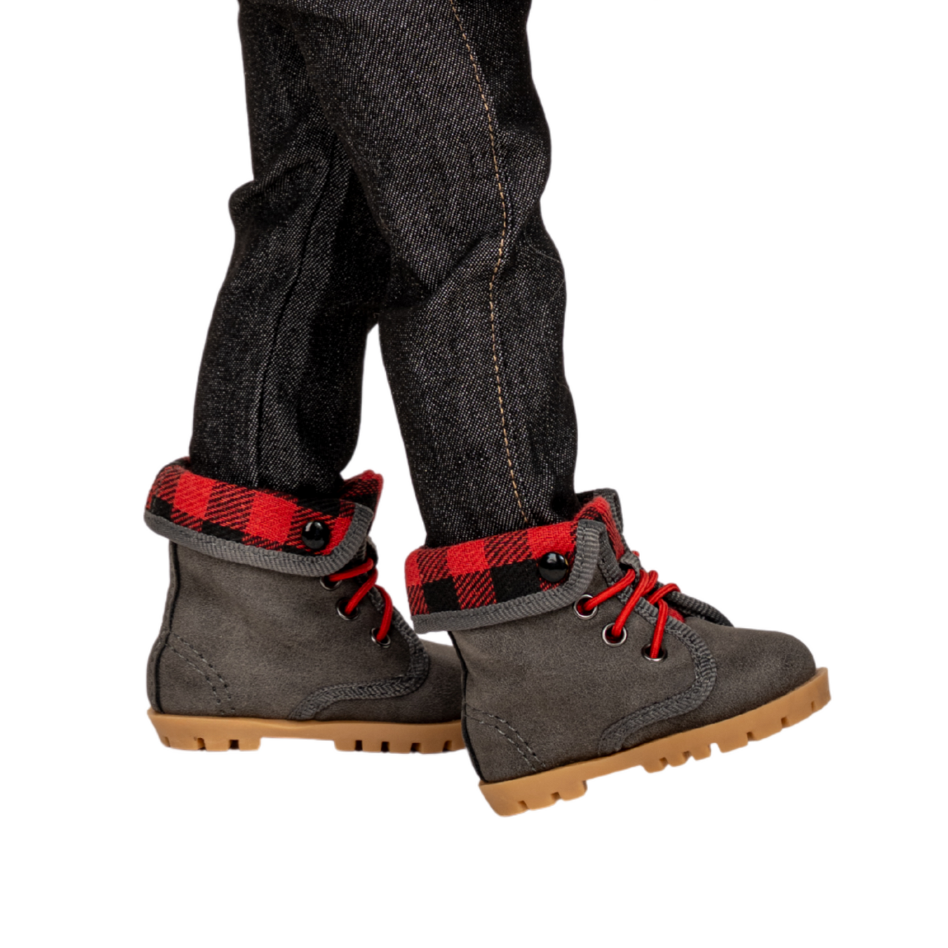 18-inch doll wearing grey boots with red and black plaid trim worn with dark jeans.