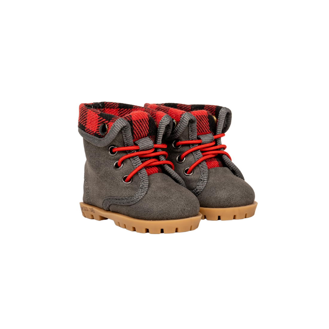 Maplelea's plaid and grey hiking shoes with red elastic laces for 18-inch dolls.