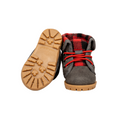 Maplelea's plaid and grey hiking shoes with red elastic laces for 18-inch dolls. Showing Maplelea's trademark maple leaf soles!