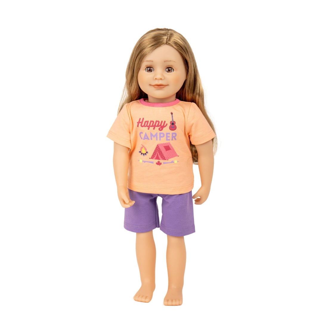 18-inch doll wearing happy camper purple and peachy pajama set from maplealea called happy camper.