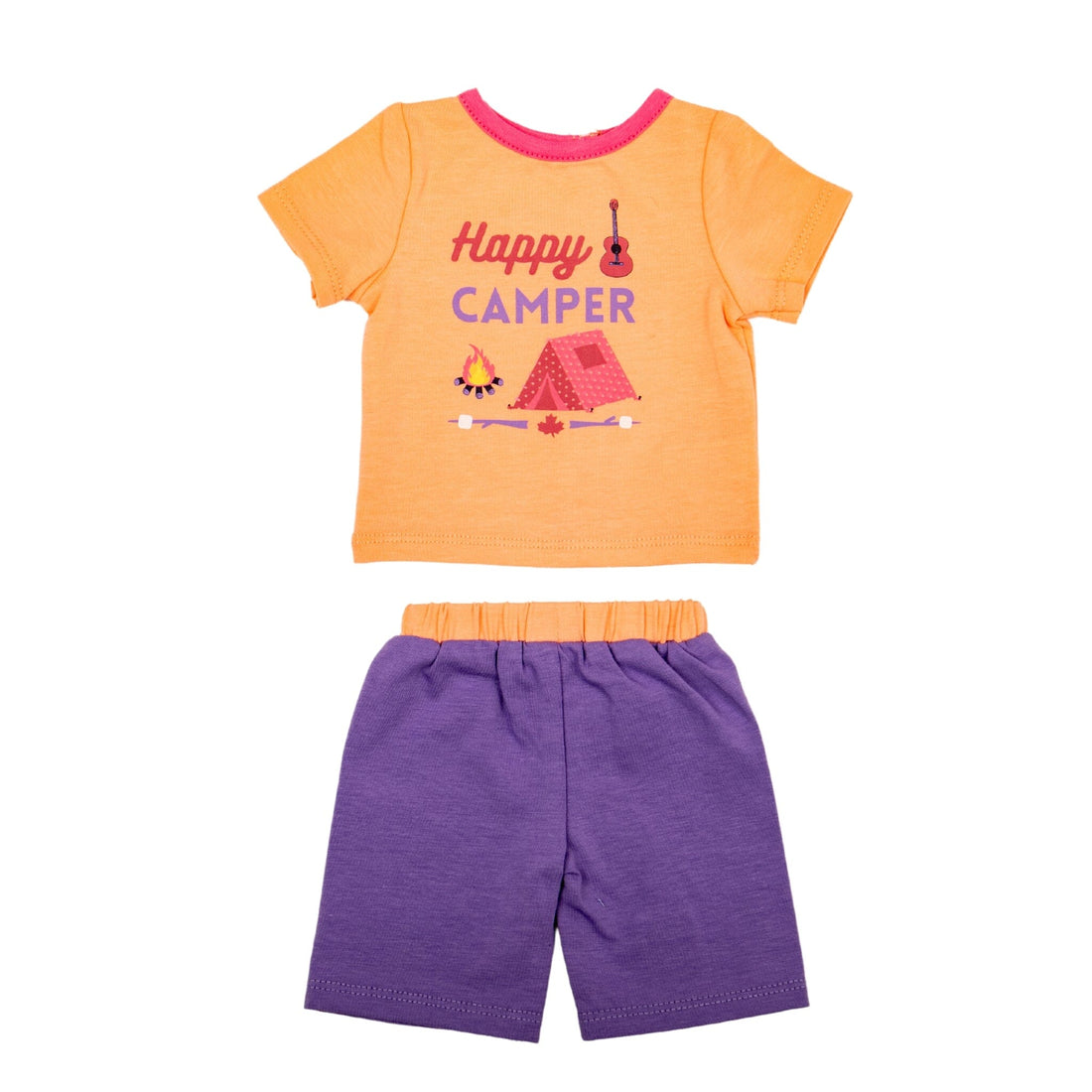 maplelea summer happy camper short pajamas with peach graphic top and purple shorts .