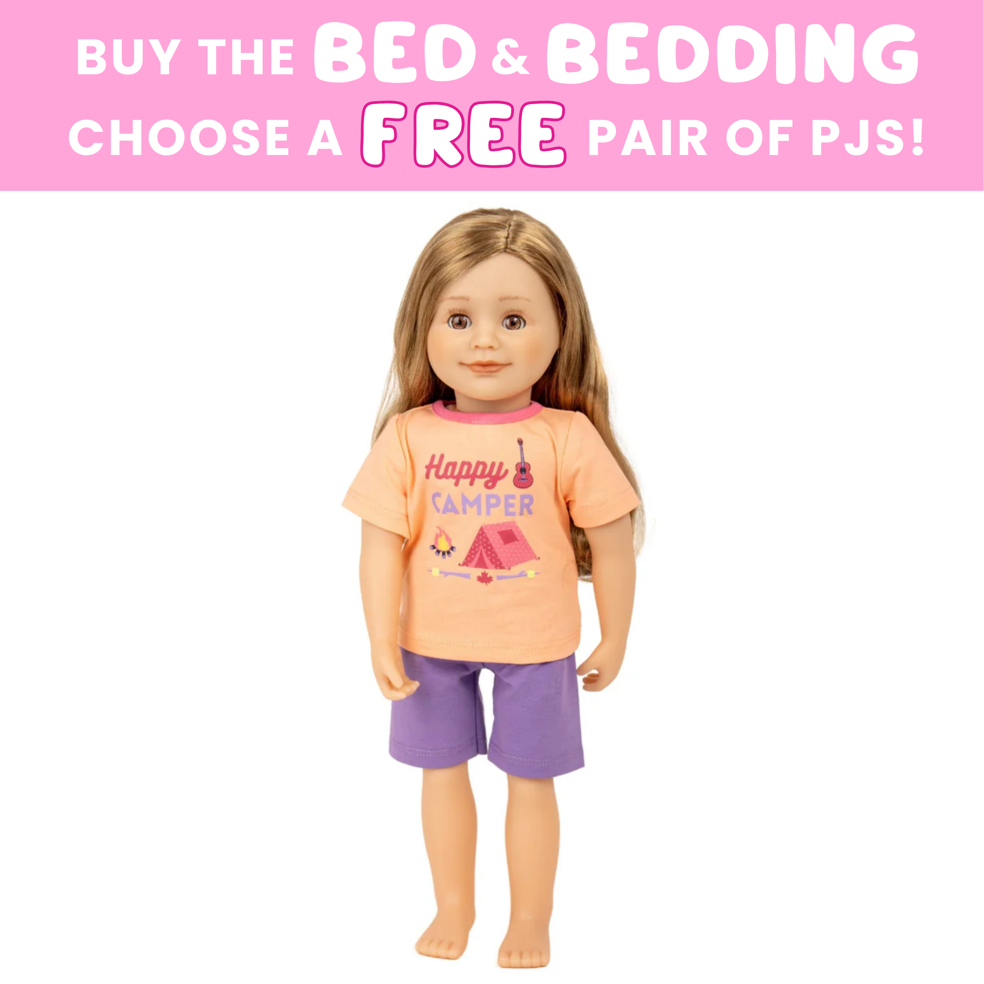 Doll wearing a 'Happy Camper' shirt and purple shorts with promotional text on a white background.