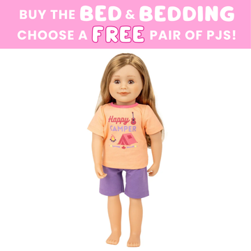 Doll wearing a 'Happy Camper' shirt and purple shorts with promotional text on a white background.