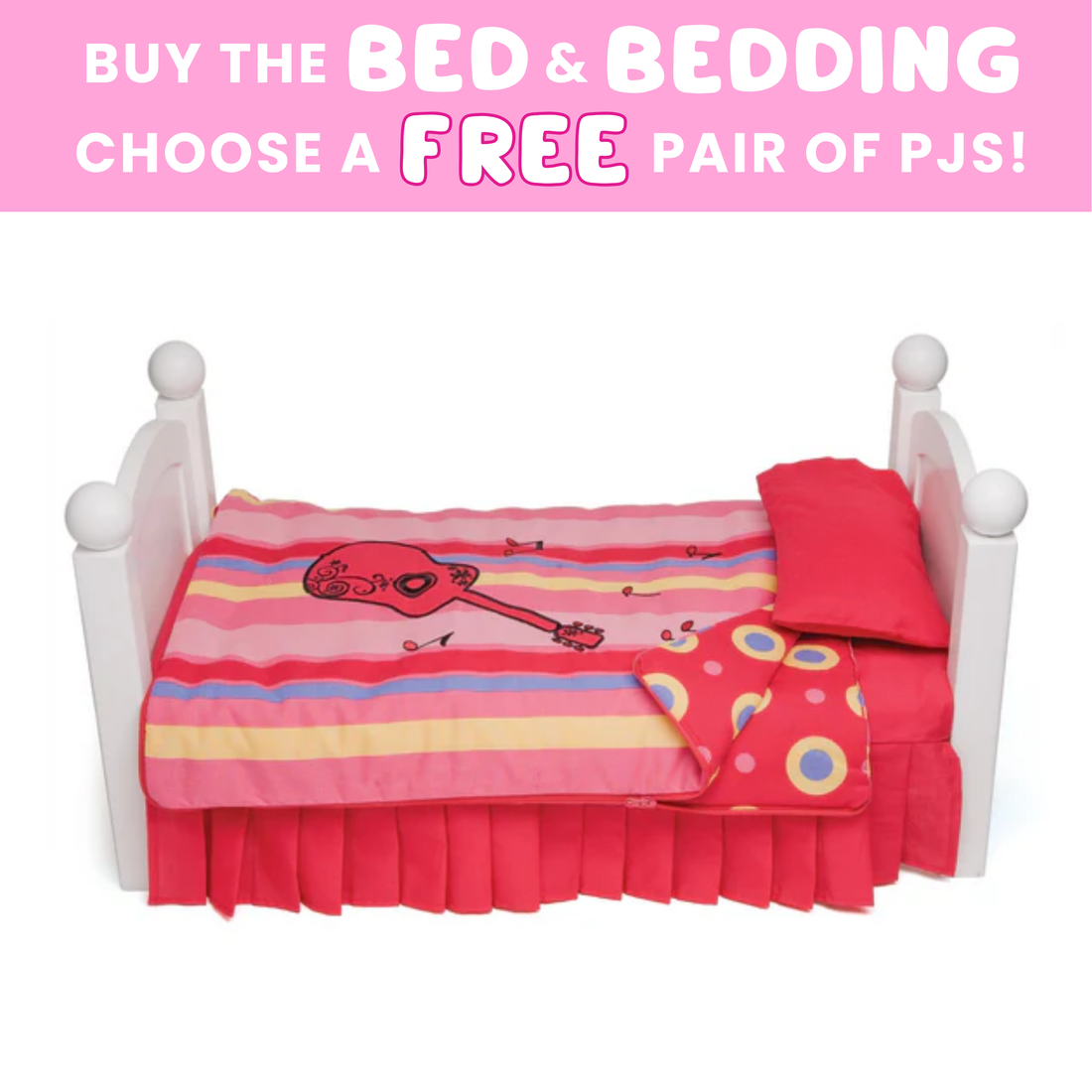 Doll bed with pink bedding featuring a cartoon guitar, on a white background with promotional text.