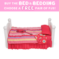 Doll bed with pink bedding featuring a cartoon guitar, on a white background with promotional text.