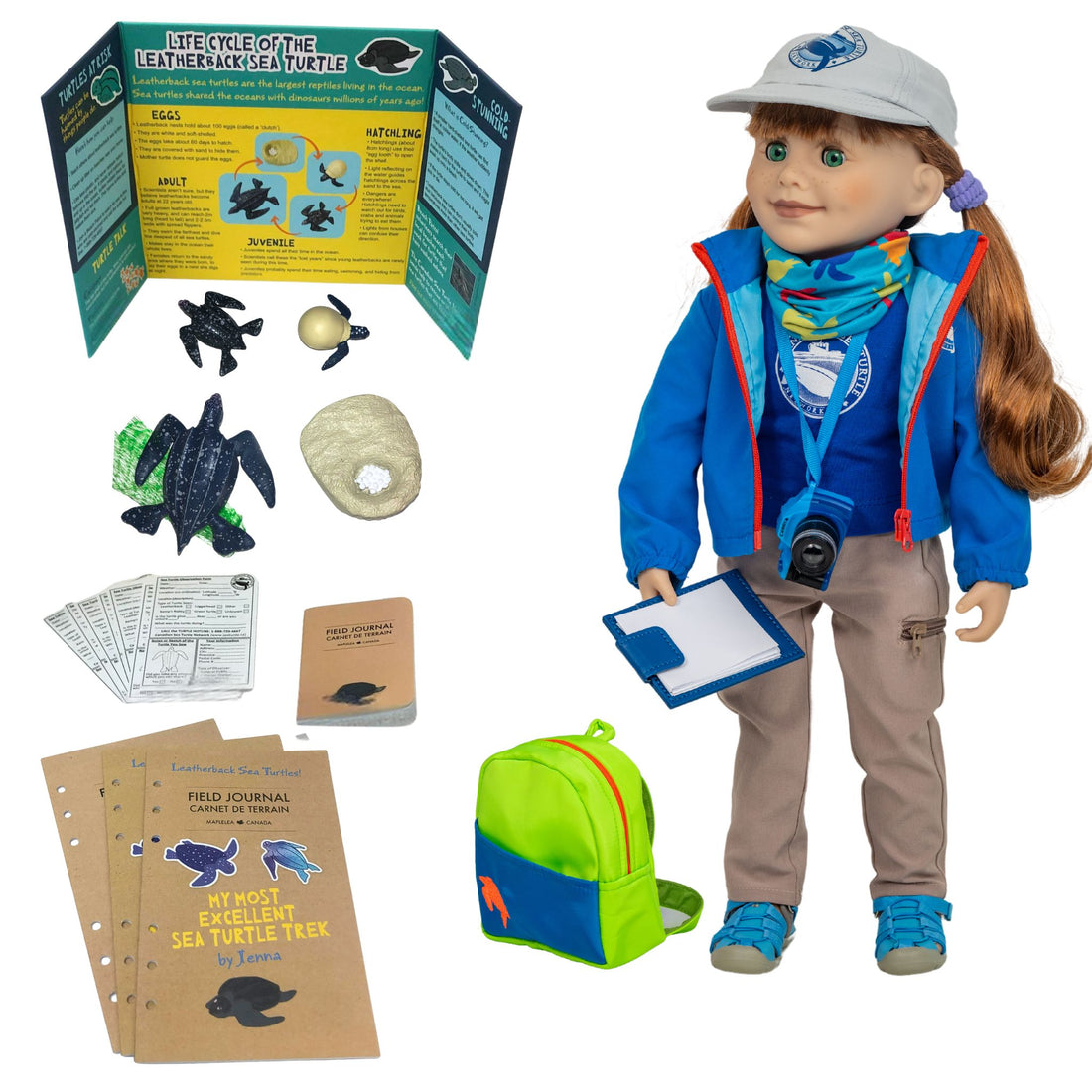 complete image of 18-inch doll Jenna's sea turtle expedition set.