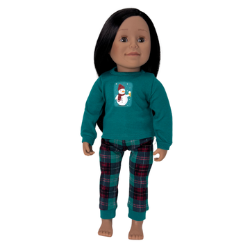 Doll wearing a teal shirt with a snowman design and plaid pants.
