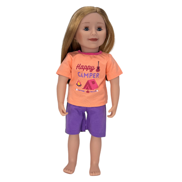 Doll wearing an 'Happy Camper' t-shirt and purple shorts.
