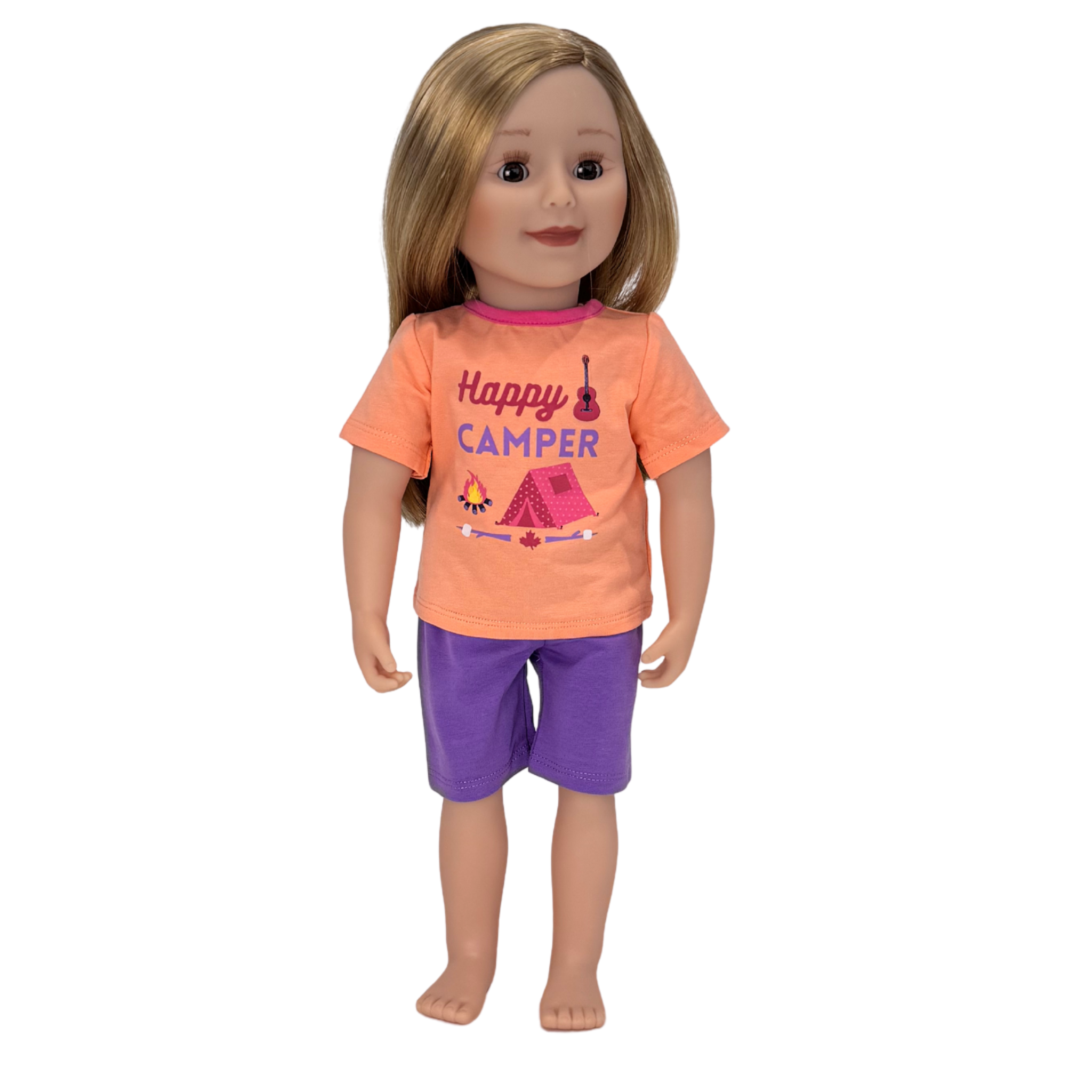 Doll wearing an 'Happy Camper' t-shirt and purple shorts.