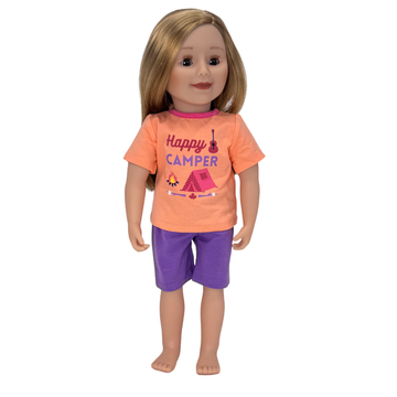 Doll wearing an 'Happy Camper' t-shirt and purple shorts.