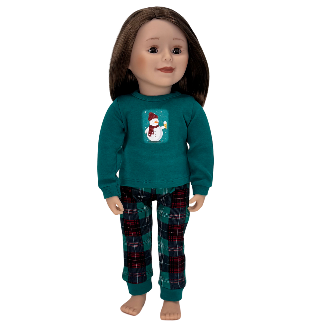  Doll wearing a teal sweater with a snowman design and plaid pants.