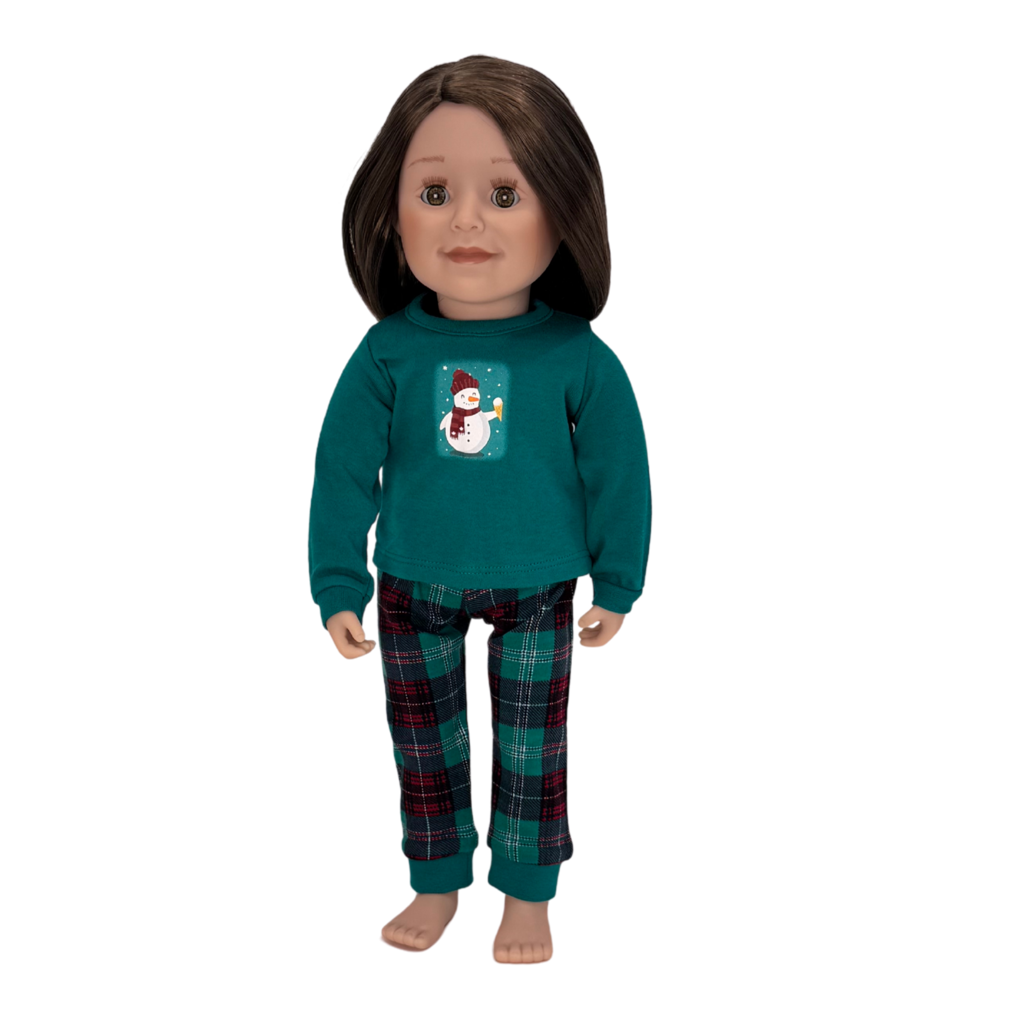 KMF8U-ES Maplelea Friend with shoulder-length brown hair, light skin, hazel eyes in Go With the Snow PJs. No Story Journal. No Box.