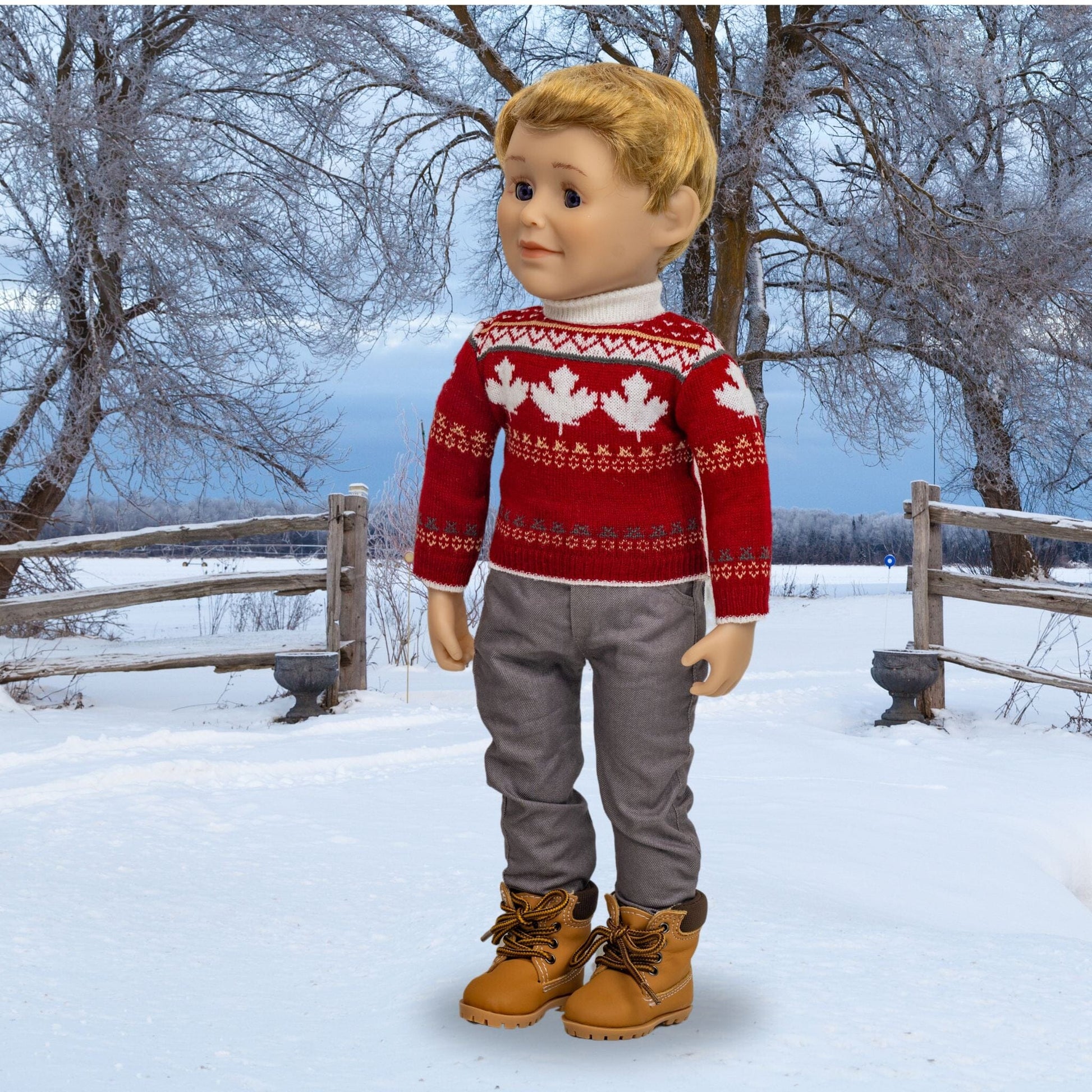 18-inch boy doll wearing maplelea maple cabin forest doll outfit.