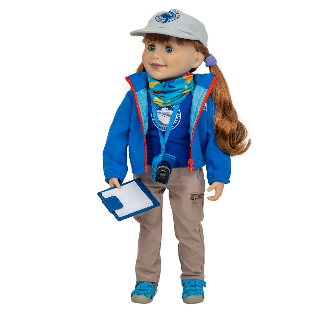 a flat image of maplelea 18-inch doll jenna and her sea turtle expedition set. including backpack journal, ball cap, windbreaker, field journal, observation forms, camera, clipboard, journal pages, cargo pants, sandals,project display board, and her sea turtle lifecycle models.