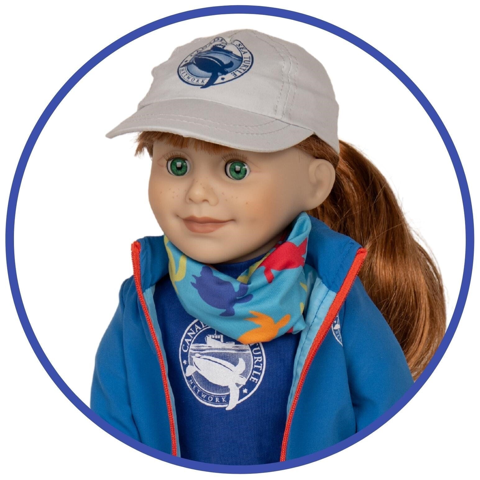 close up of a maplelea doll in the sea turtle expedition set and hat with sea turtle buff.