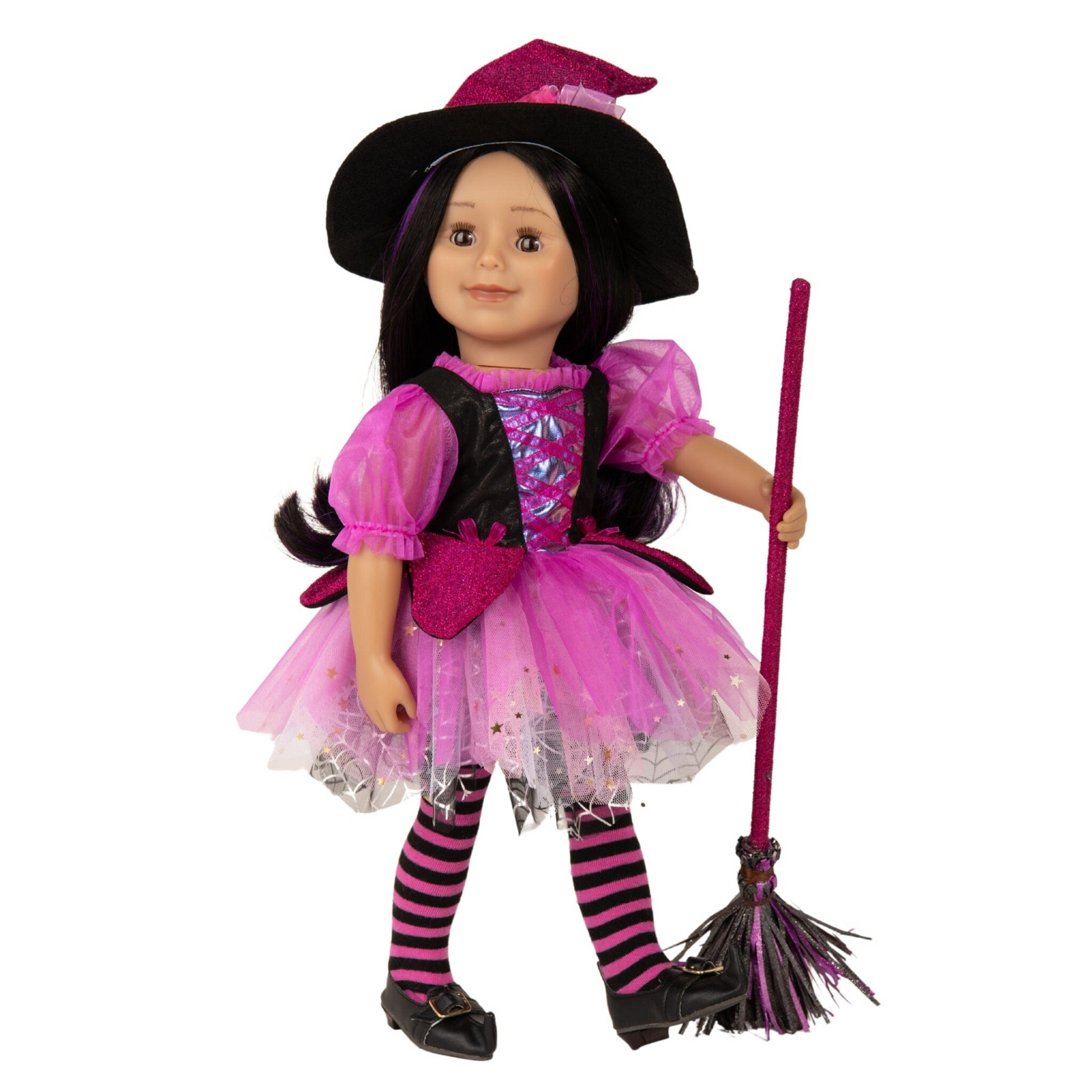 18-inch doll wearing witch costume with hat and broom.