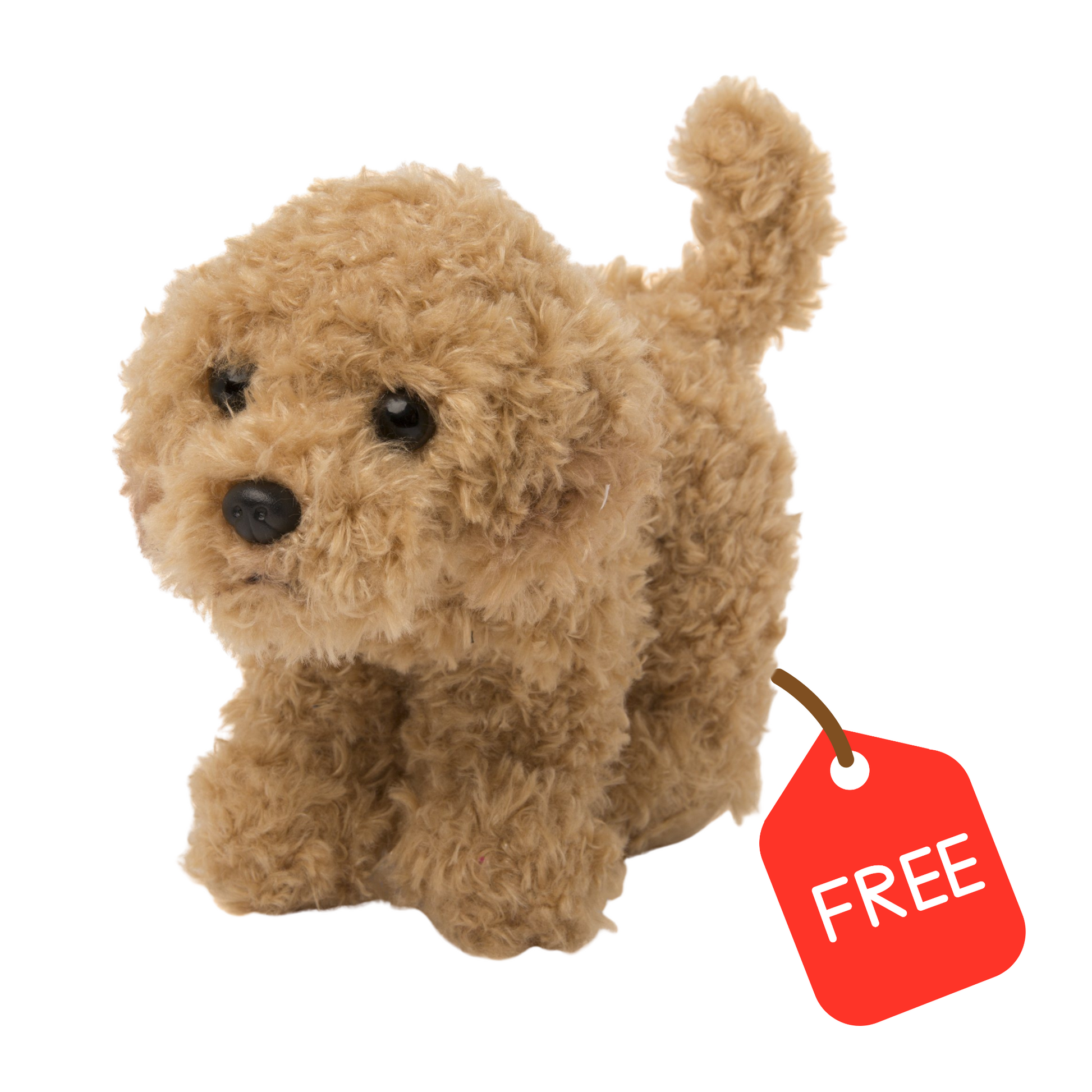 Plush toy dog with a red 'FREE' tag.