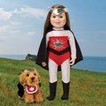 18-inch doll in superhero costume with red and black outfit and matching plush dog outfit.