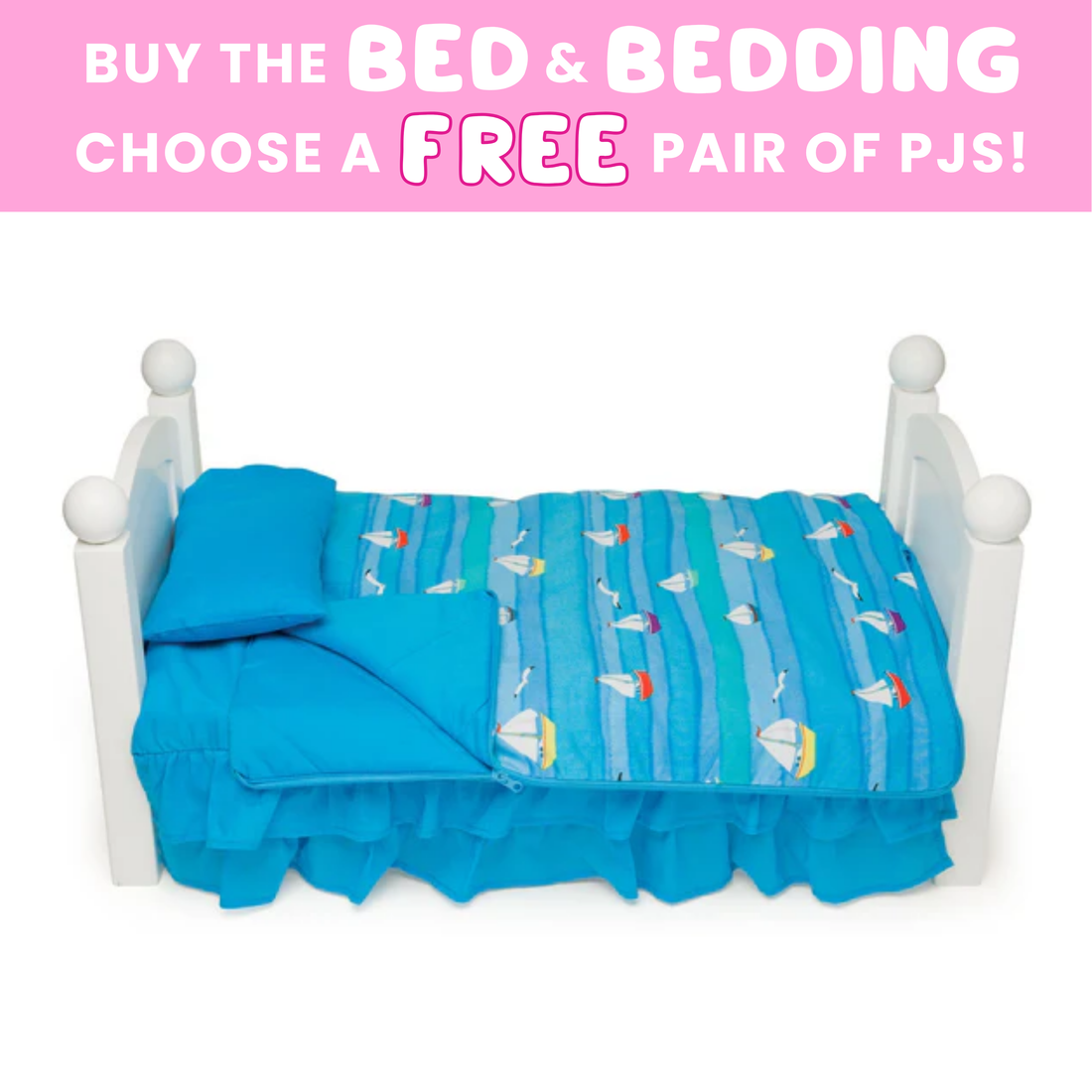 Blue doll bedding set with sailboat pattern on a white bed, promotional text overlay.