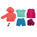 camping outfit set for 18-inch dolls like Maplelea with many pieces, sunglasses and hairband included