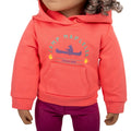 camping theme coral graphic hoodie on 18-inch doll, Maplelea. 