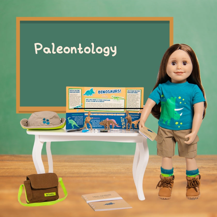 18 inch doll with paleontology set including dinosaur models and gear