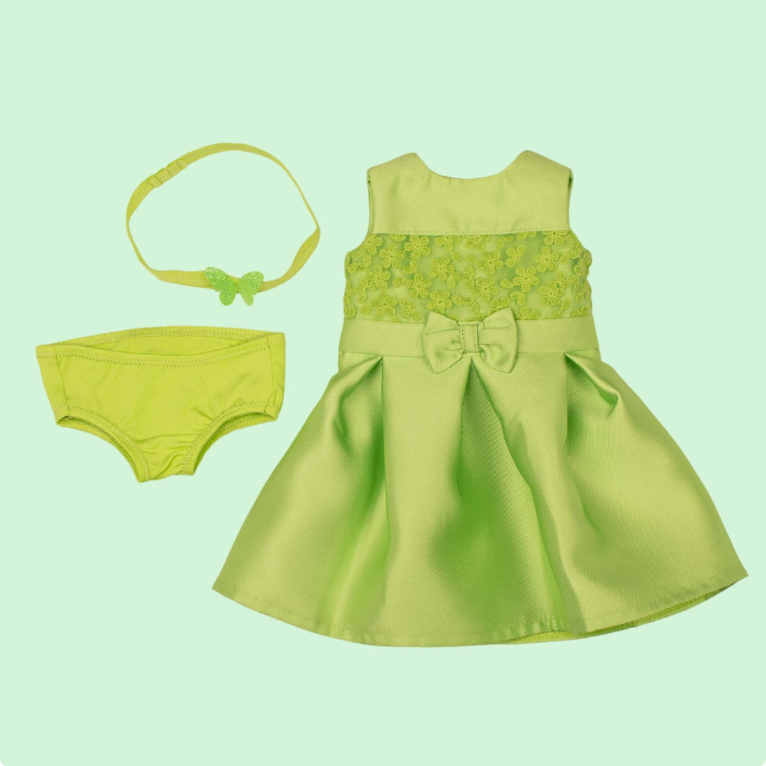 all three pieces of the maplelea butterfly garden set, dress, panties, headband
