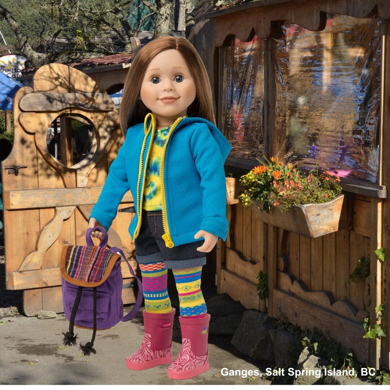 Rain jacket and backpack worn by 18 inch doll.