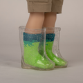 Clear sparkly rain boots fit all 18 inch dolls. 