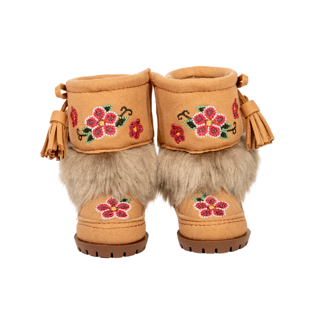 Pair of tan boots with floral embroidery, tassels, and fur lining for 18-inch dolls by Maplelea.