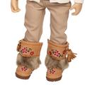18-inch doll wearing Maplelea's moccasin boots with embroidered beadwork design, tassels, and faux fur lining.