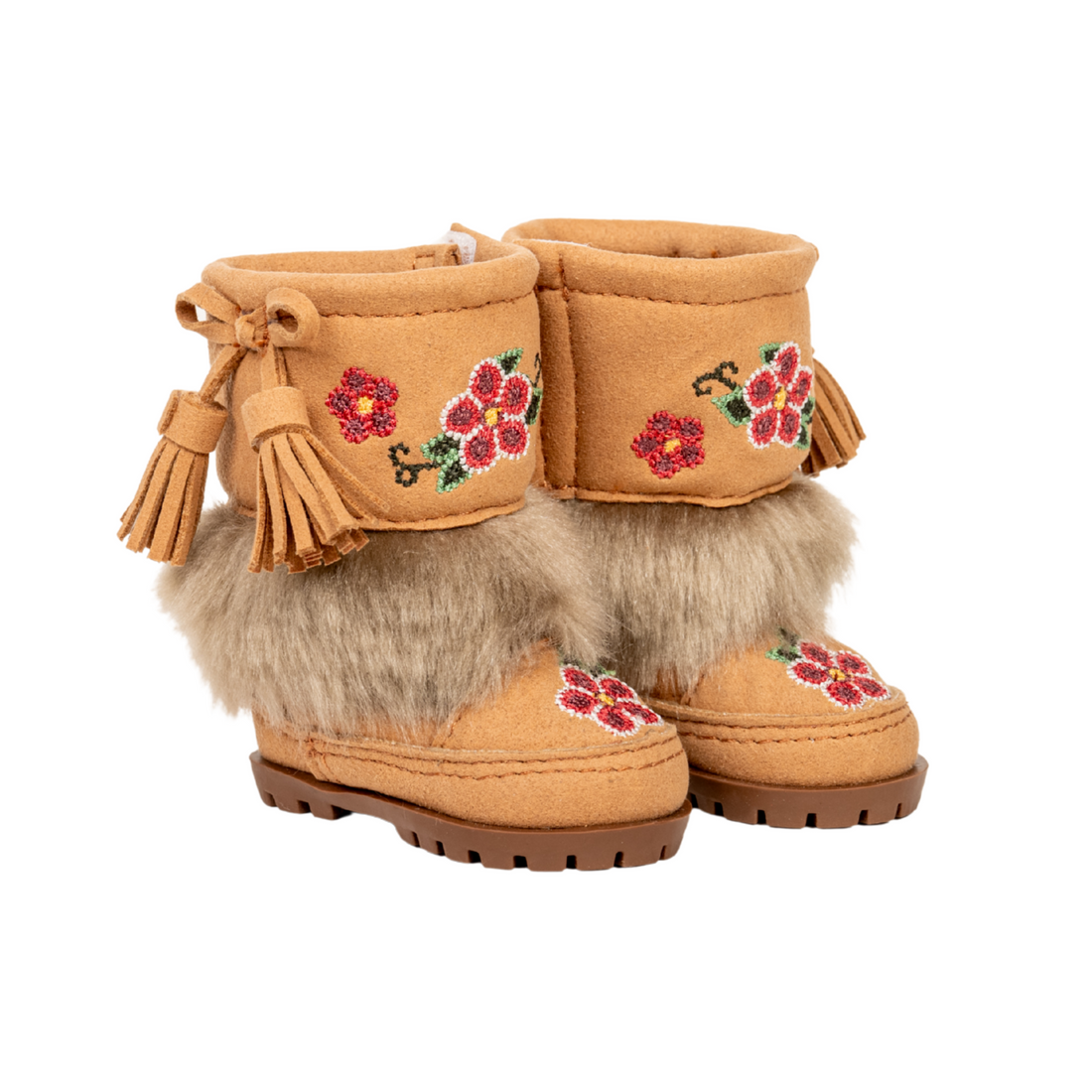 Pair of tan boots with floral embroidery, tassels, and fur lining for 18-inch dolls by Maplelea.
