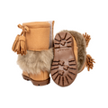 Tan doll boots with embroidery and fur lining and tassels, showing Maplelea's trademark maple leaf soles.