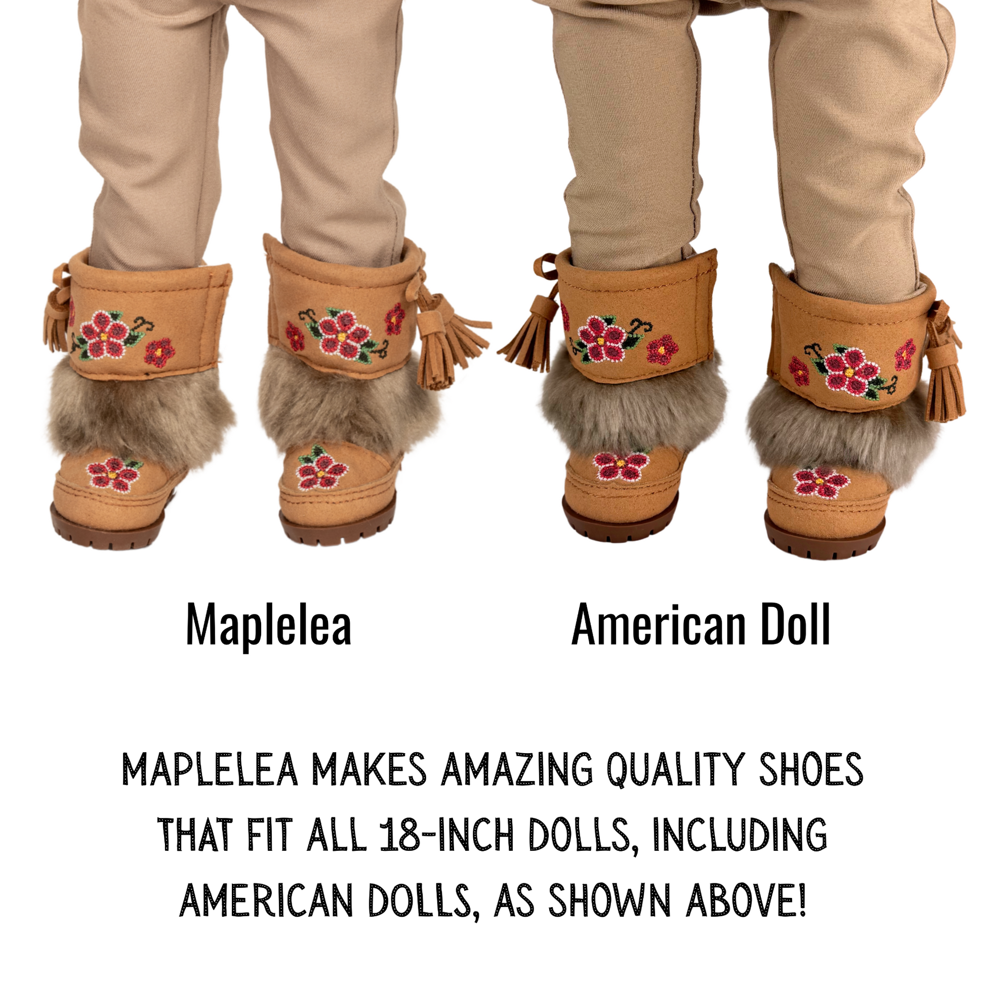 Maplelea doll and American doll wearing Maplelea's beige embroidered moccasin boots with tassels and faux fur.