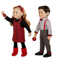 18-inch girl and boy doll wearing rural roots set dress and suspenders.