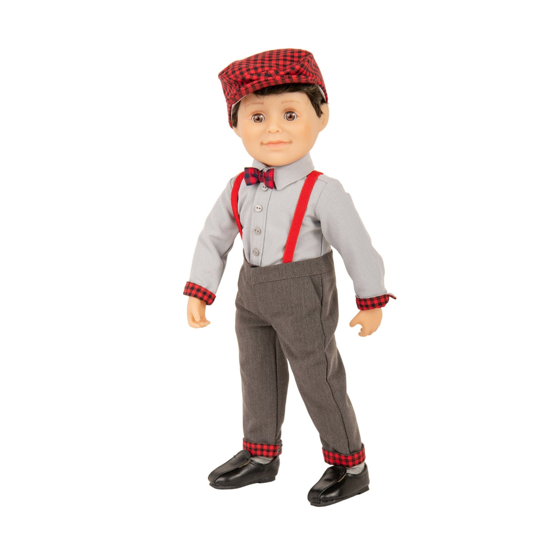 boy doll wearing grey button up shirt suspenders with plaid detailing and a plaid hat.