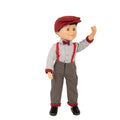 boy doll wearing rural roots buffalo plaid outfit and hat.