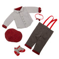 rual roots button up shirt and suspenders with plaid hat and plaid detailing with grey and red socks.