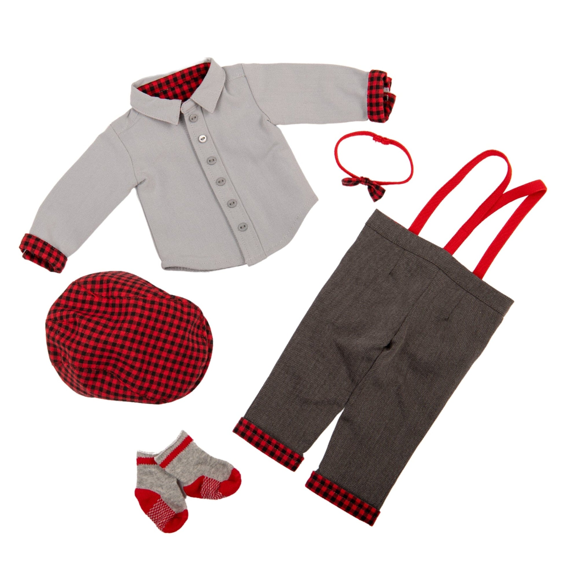 button up shirt and suspenders with plaid hat and plaid detailing with grey and red socks.