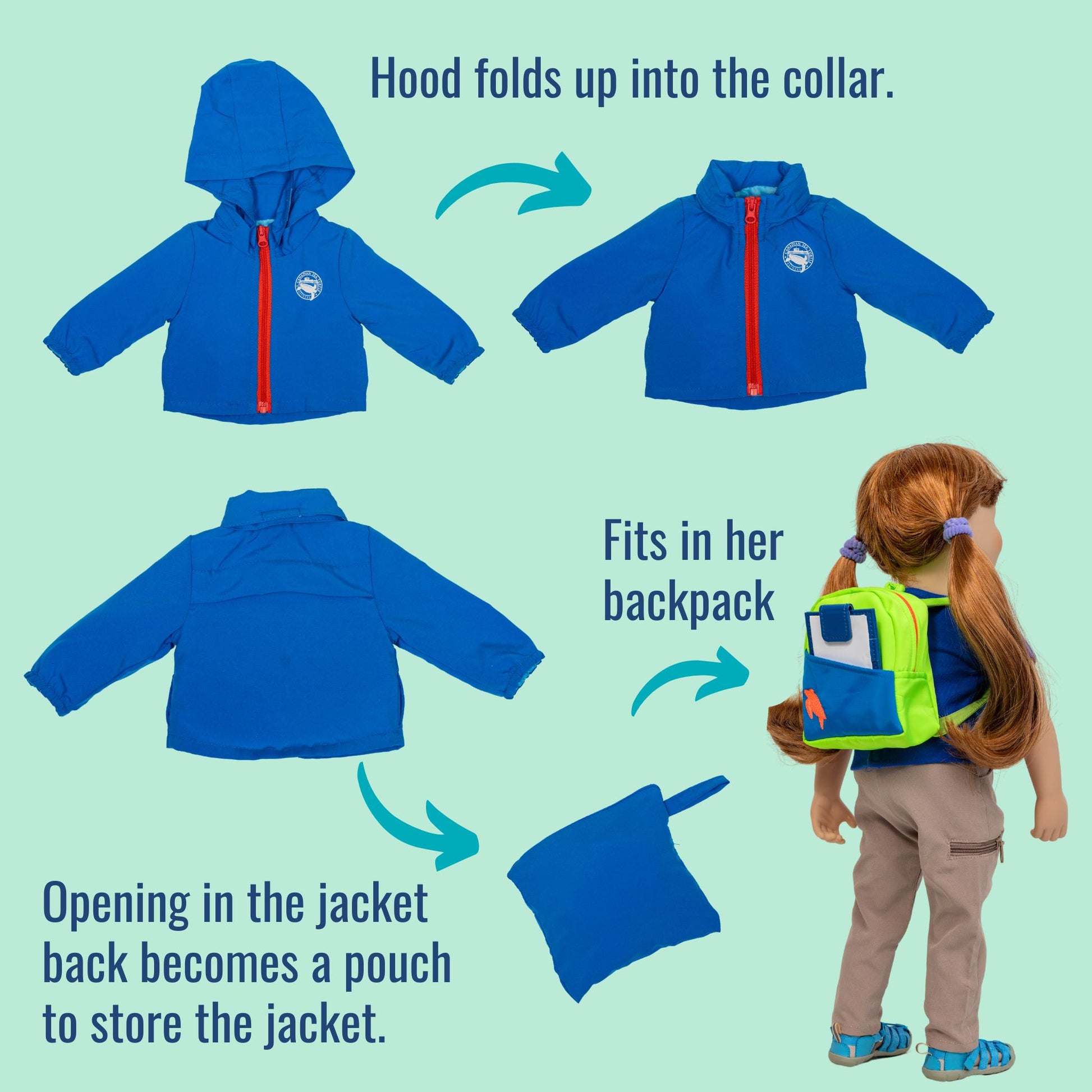 showcasing how the jacket hood folds up in to a collar, and also becomes a pouch to store the jacket.