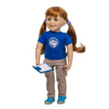 maplelea doll jenna dressed in sea turtle shirt, with clipboard and pants with zipper pocket