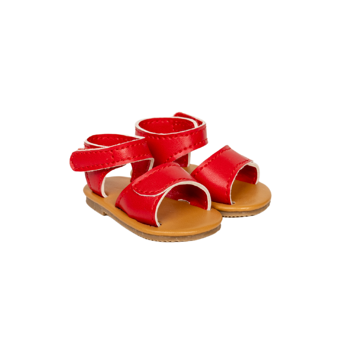 Maplelea red strappy sandals with brown soles and ankle strap for 18-inch dolls.