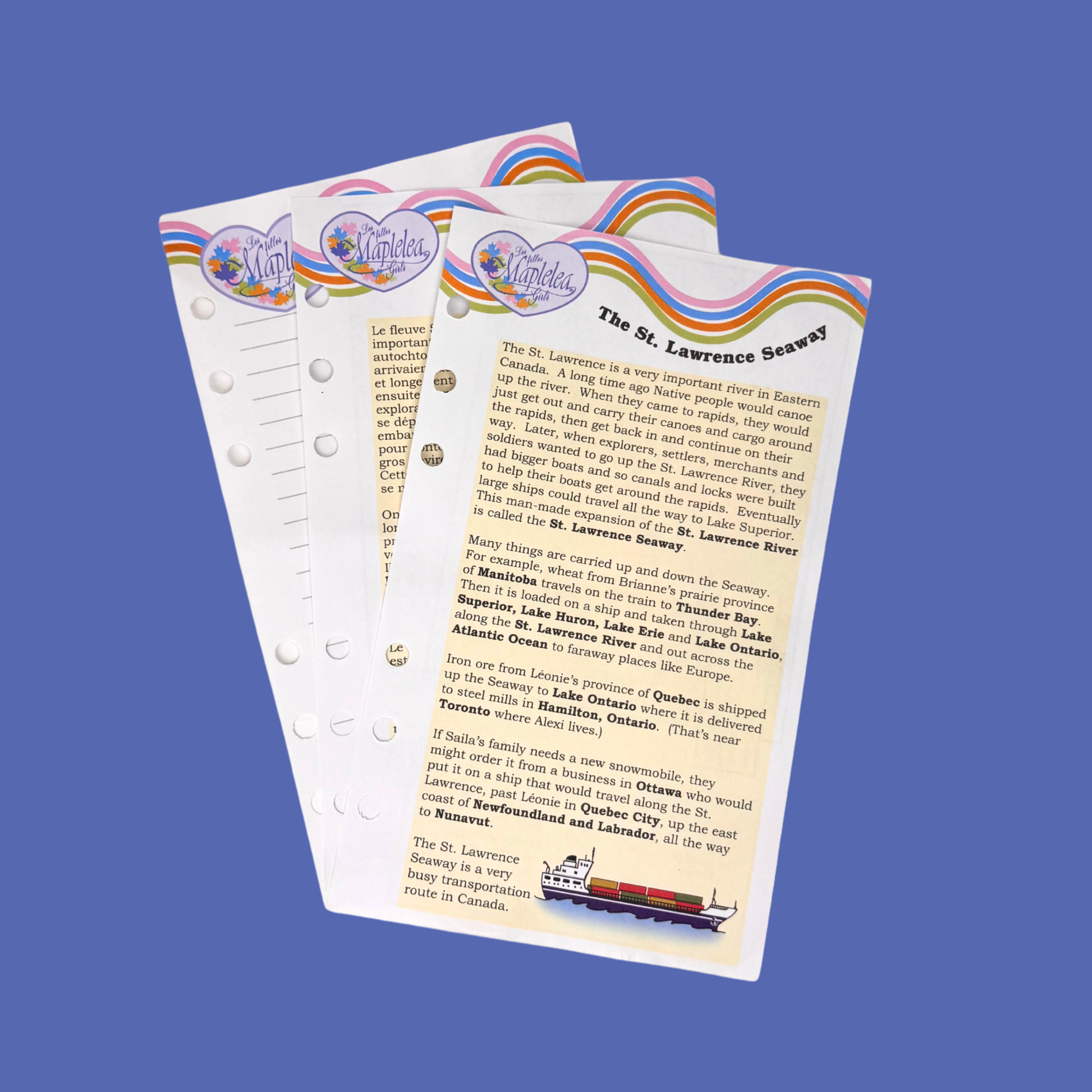 Three collectible journal pages about the St. Lawrence Seaway for Maplelea's seaway sandals for 18-inch dolls.