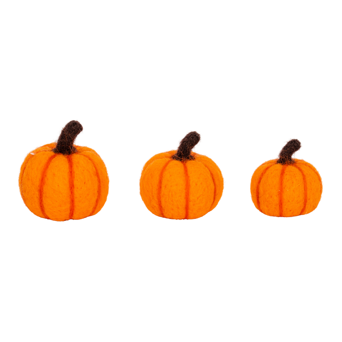 Set of three orange felt pumpkins with brown stems designed for Maplelea and other 18-inch dolls and suitable for American Girl Dolls
