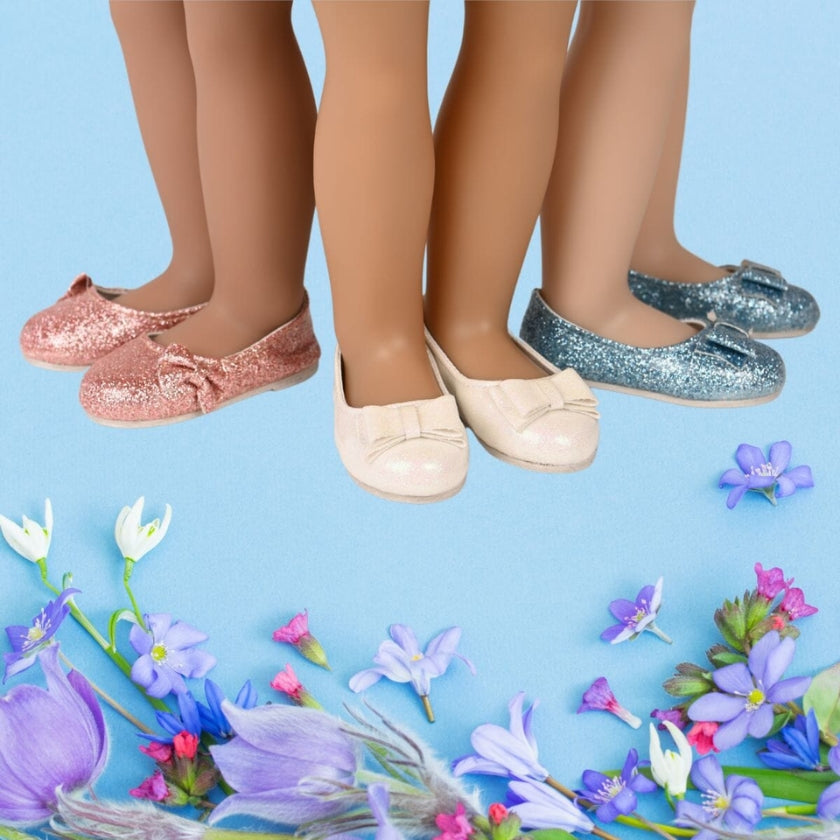 three pairs of sparkly shoes for 18 inch dolls