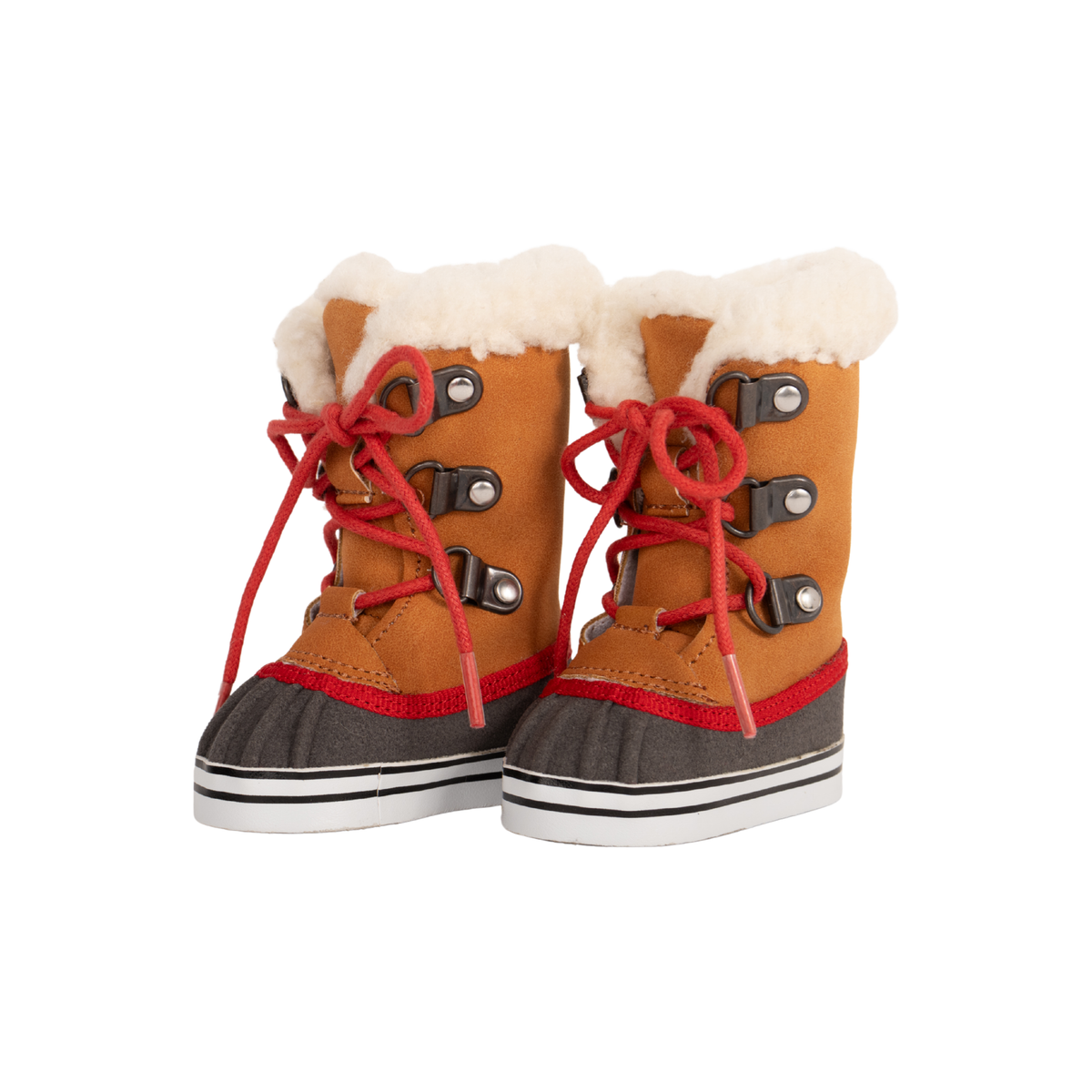 A pair of 18 inch doll winter boots in tan suede with white faux fur trim, red laces, and a dark gray rubber toe cap, shown on a plain white background. Maplelea Shoes, footwear. 