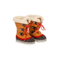 A pair of 18 inch doll winter boots in tan suede with cream sherpa lining, orange-red laces, dark gray toe caps, and red stripe accents on the soles, shown on a plain white background. Classic winter boots for 18-inch dolls with cozy sherpa lining Maplelea